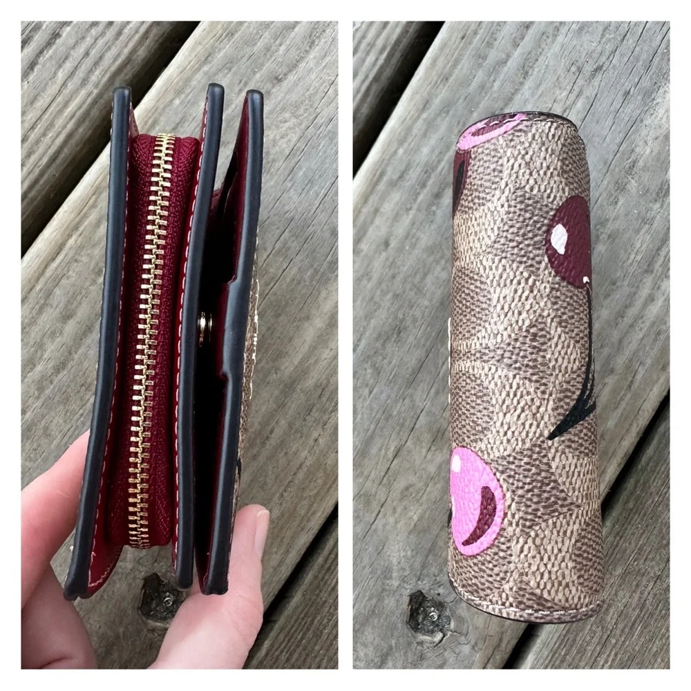 Coach Snap Wallet In Signature Canvas With Cherry Print In Tan Multi Zip Fold